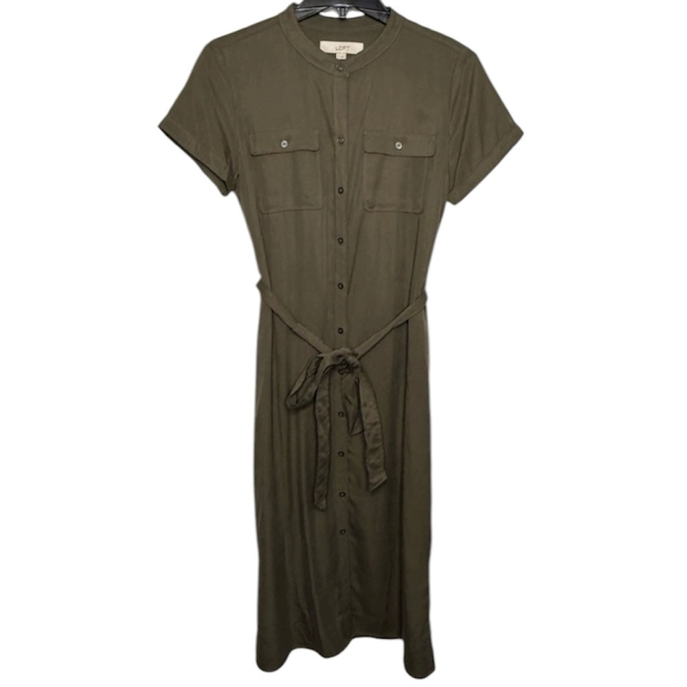 LOFT | Chest Pocket Button Front Tie Waist Short Sleeve Safari Green Dress Midi